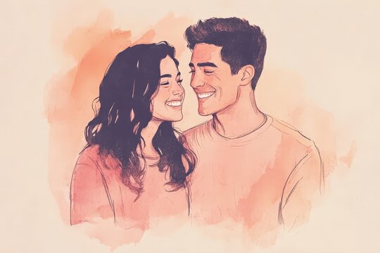 Close-up portrait of a loving couple, painted in soft tones.