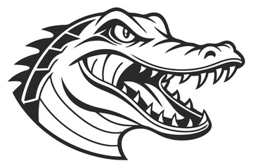 Aggressive Alligator Head Outline, Black and White Illustration, Showing Sharp Teeth Open Mouth