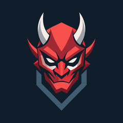 Devil's Fierce Gaze: A striking illustration of a red devil's head with sharp horns and a stern expression against a dark backdrop, symbolizing dark side.