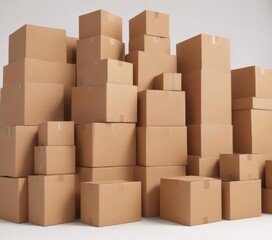 Various sizes of empty brown cardboard boxes against a white backdrop , various sizes, texture, waste management