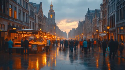 Fototapeta premium A bustling evening market scene with warm lights reflecting on wet cobblestones capturing the