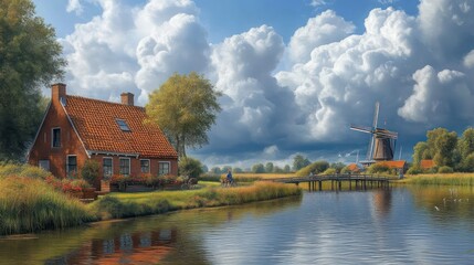 Obraz premium Charming Countryside Scene with Traditional House Windmill and Serene Waterway