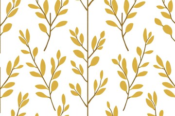 Golden leaf branches seamless pattern on white