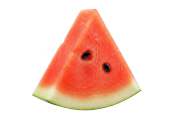A slice of fresh watermelon with seeds on a plain ground on transparent background