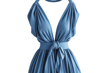 Elegant blue summer dress deep v neck pleated skirt stylish tie waist perfect for summer fashion