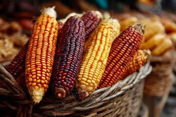 Colorful corn cobs arranged in a rustic woven basket, showcasing vibrant orange, yellow and deep red kernels, fall harvest produce