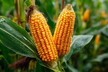 Two ears of mature yellow corn on the stalk in a field ready for harvest showing green husks and kernels up close.
