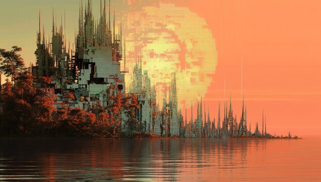 A digital art illustration of a futuristic cityscape with tall, thin buildings on a shoreline with a large, pixelated sun in the background