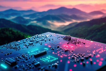 A circuit board rests atop a mountain range at sunset, symbolizing technological advancement in nature.