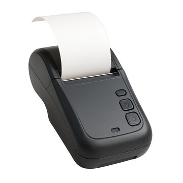 A dark gray portable receipt printer with paper roll extending, ready to issue quick transaction records.