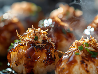 A close-up of golden-brown takoyaki balls