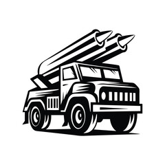 Black & White Isolated Armored Rocket Launcher Truck Clip Art Style