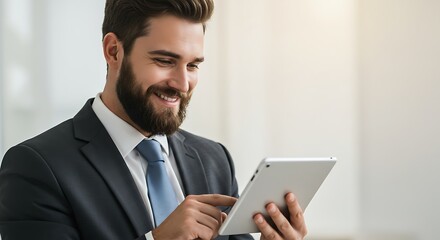A smiling businessman in a suit uses a tablet, looking content and engaged in a modern office setting.