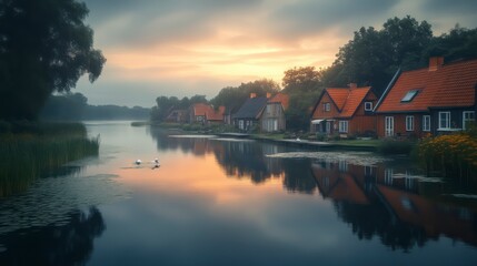 Obraz premium Sunset Reflections on a Serene Waterfront with Cozy Homes and Lush Greenery