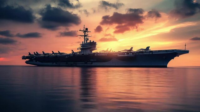 Large aircraft carrier sitting on calm waters, ready for takeoff