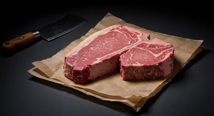 Fototapeta premium Raw T-bone steak on butcher paper with cleaver on dark background