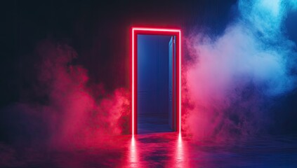 Glowing red neon door frame in smoky, blue-pink environment