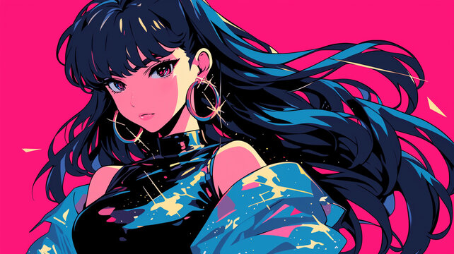 90年代アニメスタイルをベースにしたクールで自信に満ちた美少女の全身