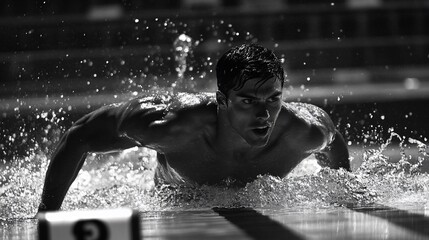 Monochrome Portrait of a Determined Swimmer Executing the Butterfly Stroke