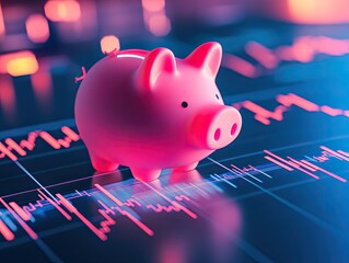 Piggy bank on financial data chart, representing savings and investment