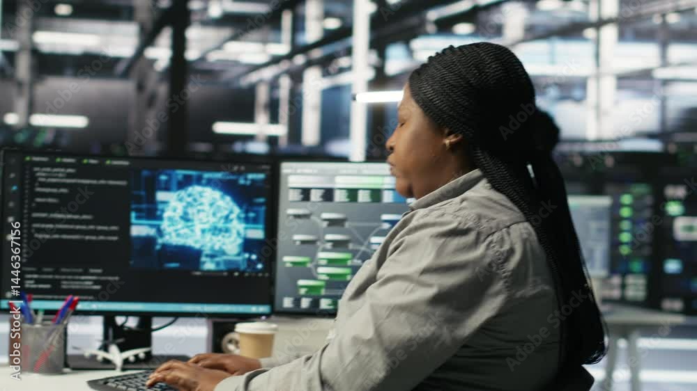 Poster data center employee deploying ai solutions optimizing equipment. server farm software developer app