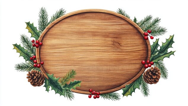 Oval wooden sign, Christmas holly, pine, berries