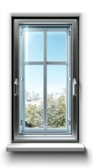 Fototapeta premium Open window showing cityscape and bright blue sky