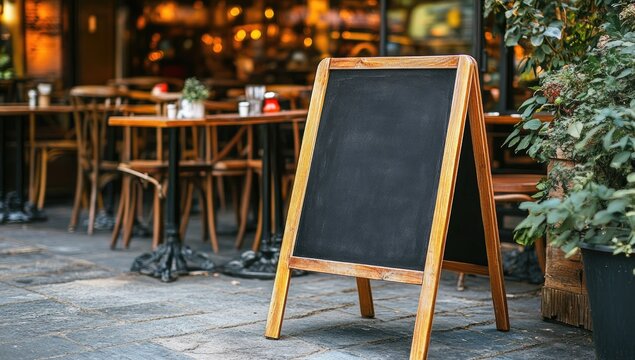 Empty chalkboard A-frame sign outside cafe - Powered by Adobe