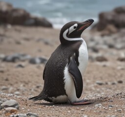 Naklejka premium Humboldt penguin preening its feathers on rocky beach , seabird, beach