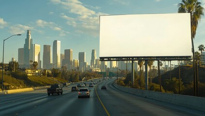 Blank billboard on highway overlooking city skyline