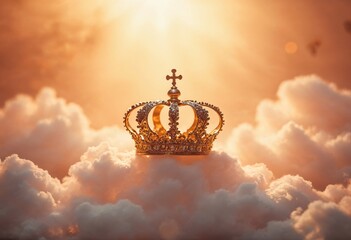 Golden crown with cross on clouds at sunset. Divine royalty symbol for Christian holiday. Easter, Christmas card design with copy space for religious concept