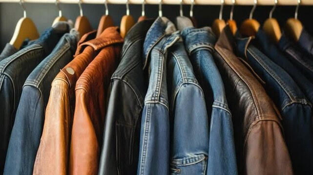 A clothing rack filled with jeans and jackets, perfect for a fashion store or personal closet