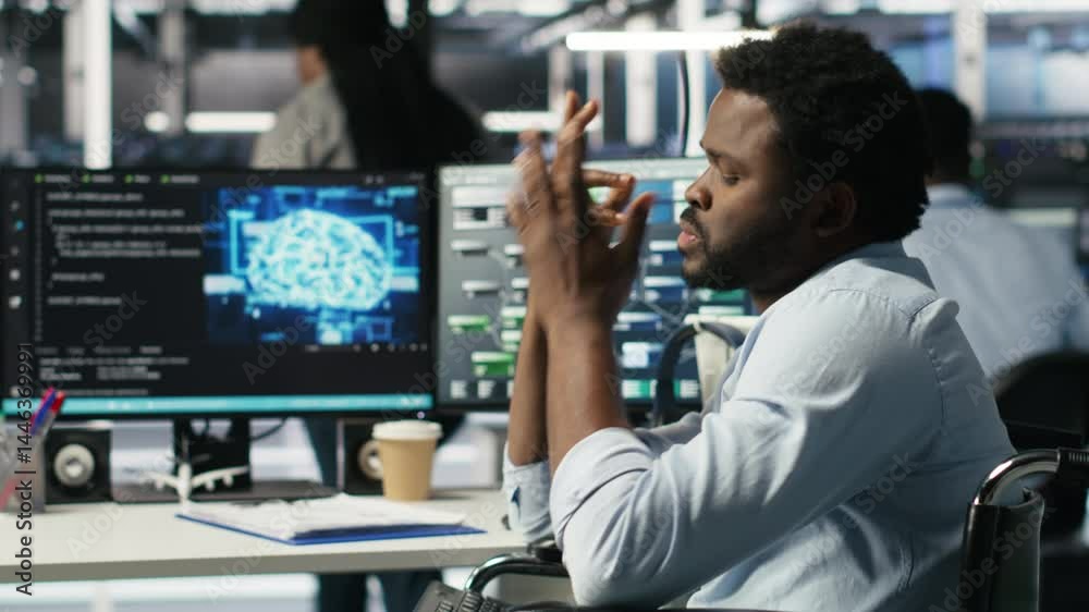 Poster impatient engineer with paraplegia in data center annoyed by slow ai node tree software. upset serve