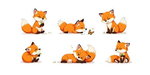 Adorable fox cubs enjoying nature, sleeping, playing, and relaxing in a cute cartoon illustration style on a white background