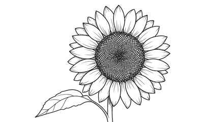 Simple black-white sunflower line art, detailed petals, clean elegant style.