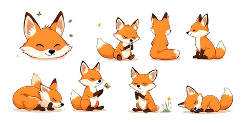 Obraz premium Cute Cartoon Foxes Collection in Various Poses Vector Illustration, Adorable Forest Animal Characters with Smiling Faces, Sitting, Sleeping and Playing