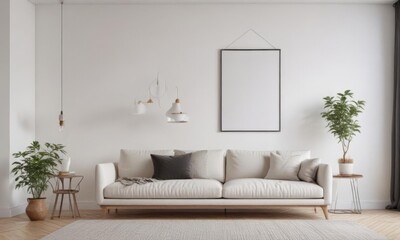 Stylish white wall with hanging poster, minimalist living room setting,  minimalist,  decor,  interior design
