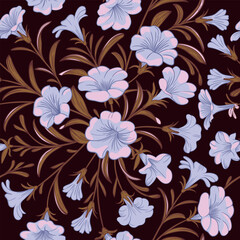 Hand drawn seamless pattern with beautiful garden flowers and leaves in Art Nouveau style. Retro style concept vector illustration. Can be used for embroidering flowers, wallpaper, etc.