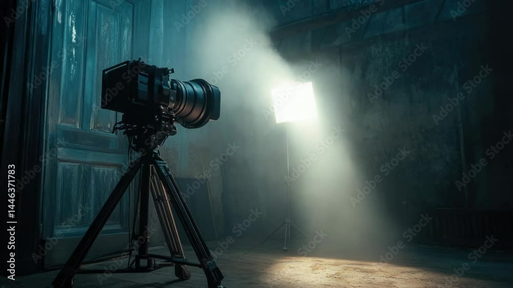 Aufkleber A camera set up on a tripod in a darkened room, ready to capture an image