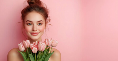 Fototapeta premium Woman holding bouquet of pink tulips