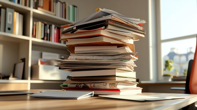 Tower of books and papers on desk