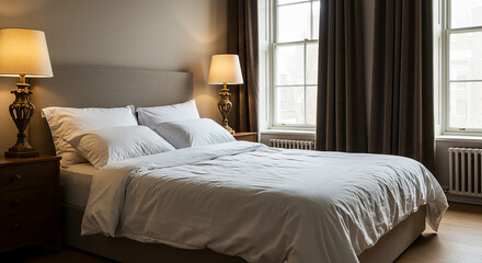 A cozy bedroom featuring a made bed with white linens and two bedside lamps on wooden nightstands