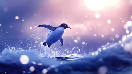Fototapeta premium A penguin in mid-air as it leaps from the ocean, water droplets frozen in time. [Frozen Time] | Snowbound Minutes | frozen time. Illustration