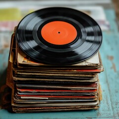 A vintage vinyl record rests atop a stack of aged albums