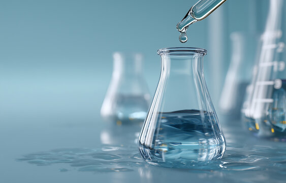 Water is being poured into an Erlenmeyer flask with other beakers and glassware in the background