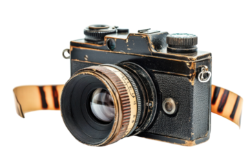 Vintage camera worn leather strap aged lens nostalgic feel antique photography retro design black