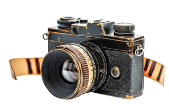 Vintage camera worn leather strap aged lens nostalgic feel antique photography retro design black