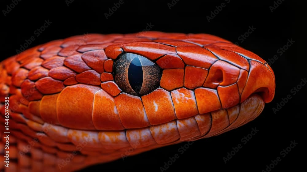 Poster a close-up shot of a red snake's eye with details of the scales and iris