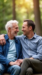A man and a man sitting on a bench in the woods.