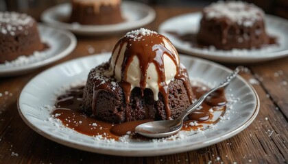 A small, round chocolate lava cake with vanilla ice cream on top, drizzled in fudge sauce and melting into the center of its white plate. A spoon is sitting next to the food